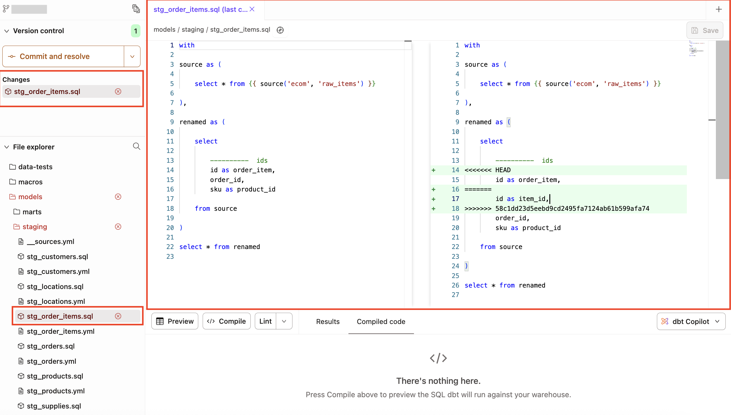 Conflicting section that needs resolution will be highlighted
